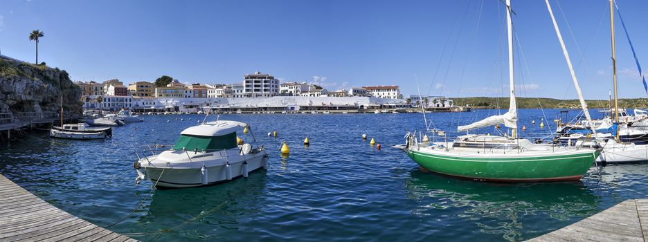 Panoramic view of Boats moored in Es Castell harbour, Menorca