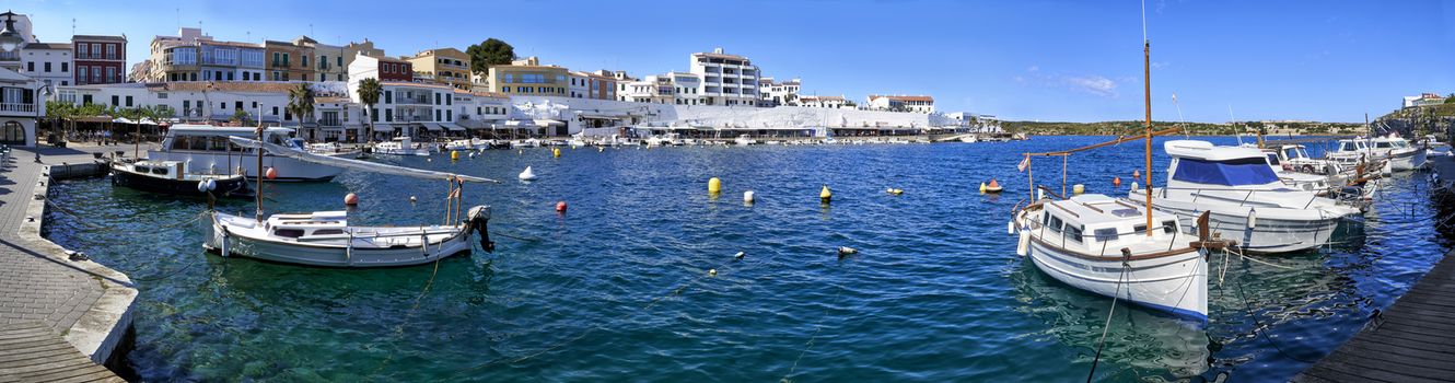 Panoramic view of Boats moored in Es Castell harbour, Menorca