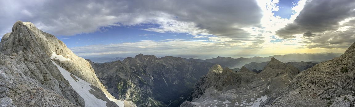 Triglav mountain panorama scenery, in Triglavski National Park, Slovenia. Travel, tourism and mountain climbing