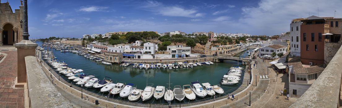 Ciutadella,Menorca,July,8th,2019:Panoramic view of boats moored in Ciutadella port