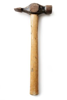 Overhead view of old used hammer isolated on white background