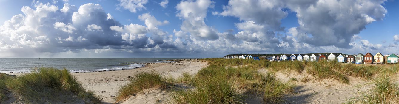 Panoramic view of Beach Huts overlooking beach and sea in Mudeford,Dorset