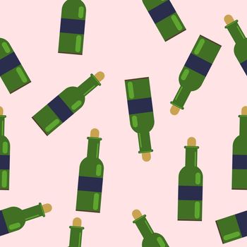 seamless pattern from green bottles. with grape wine. illustration in flat style.