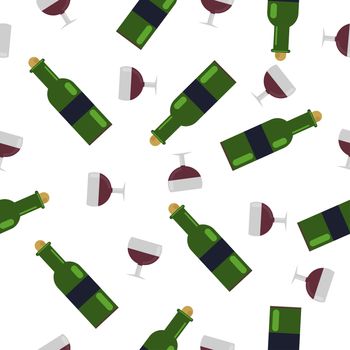 Seamless Pattern.a glass of wine and a green bottle. with grape wine. illustration in flat style.