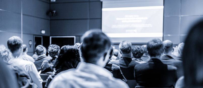 Business and entrepreneurship symposium. Speaker giving a talk at business meeting. Audience in conference hall. Rear view of unrecognized participant in audience.