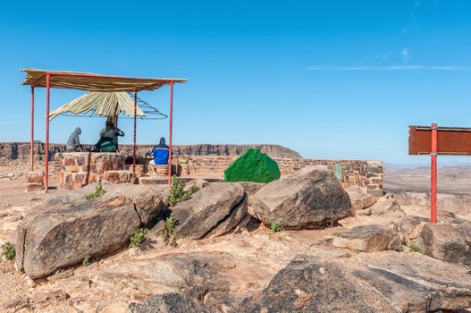 The starting point of the 5-day Fish River hiking trail near Hobas. People are visible