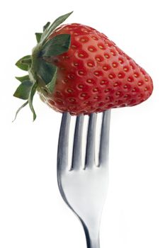 whole strawberry pierced on a fork against plain background