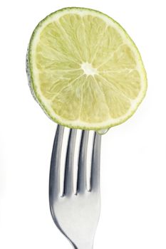 slice of lime pierced on a fork against plain background