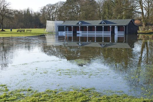 Cricket club house damaged by flood water in England UK