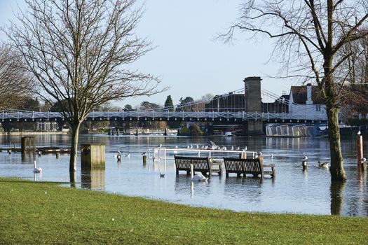 View of Marlow Bridge and flooded Thames river with circa 2014