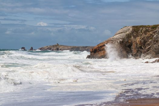 Cote Sauvage - Wild Coast - strong waves of Atlantic ocean on wild coast of the peninsula of Quiberon, Brittany, France