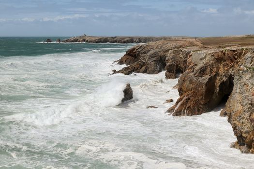 Cote Sauvage - strong waves of Atlantic ocean on Wild Coast of the peninsula of Quiberon, Brittany, France