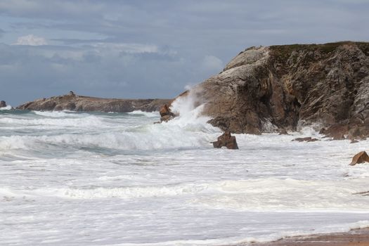 Cote Sauvage - strong waves of Atlantic ocean on Wild Coast of the peninsula of Quiberon, Brittany, France