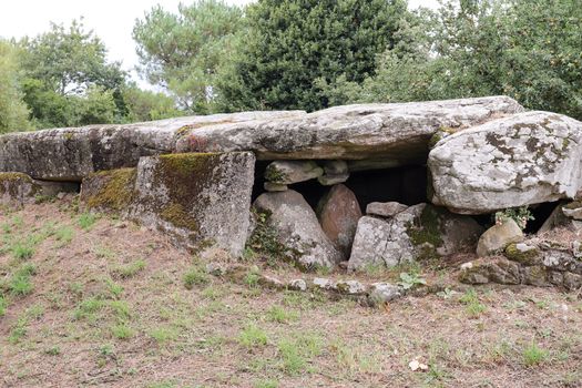 The gallery grave - dolmen -  of Mane Rutual, also Mane Rutuel or Mane Rethual - one of the main megalithic buildings in the Gulf of Morbihan in the Brittany, locmariaquer, France