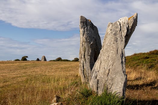 Line of the six menhirs of Vieux-Moulin - Old Mill - megalithic landmark near Plouharnel in Brittany, France