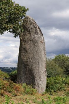 Menhir of Kergornec - megalithic monument near Saint-Gilles-Pligeaux village, department Cotes-d'Armor, Brittany, France