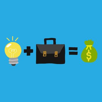 Idea and work hard to make money. Yellow light bulb with black plus and black business bag and green money bag on a blue background.