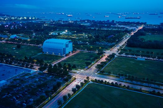 View from Marina Bay towards Straits View and Singapore Strait at night in Singapore