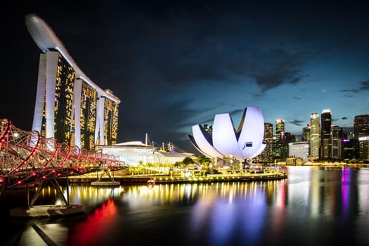 Marina Bay, Singapore - November 24th 2019: Marina Bay Sands area and Helix Bridge at dusk on a clear day on November 24th 2019