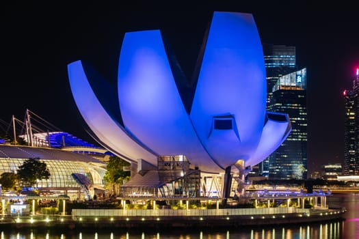 Marina Bay, Singapore - November 24th 2019: City skyline with ArtScience museum in the foreground at night