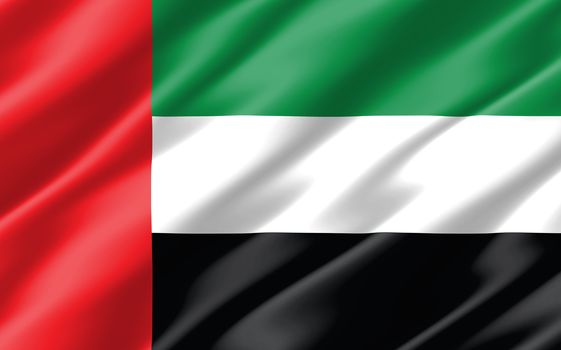 Silk wavy flag of UAE graphic. Wavy Emirati flag 3D illustration. Rippled UAE country flag is a symbol of freedom, patriotism and independence.