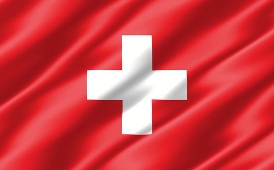 Silk wavy flag of Switzerland graphic. Wavy Swiss flag 3D illustration. Rippled Switzerland country flag is a symbol of freedom, patriotism and independence.