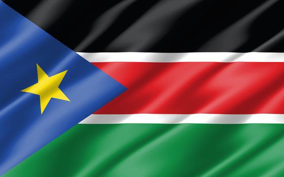 Silk wavy flag of South Sudan graphic. Wavy South Sudanese flag 3D illustration. Rippled South Sudan country flag is a symbol of freedom, patriotism and independence.