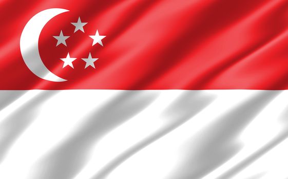 Silk wavy flag of Singapore graphic. Wavy Singaporean flag 3D illustration. Rippled Singapore country flag is a symbol of freedom, patriotism and independence.