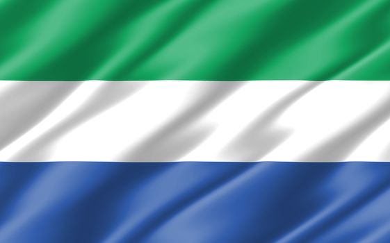 Silk wavy flag of Sierra Leone graphic. Wavy Sierra Leonean flag 3D illustration. Rippled Sierra Leone country flag is a symbol of freedom, patriotism and independence.