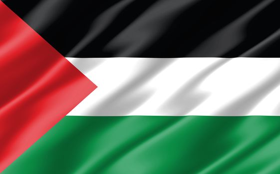 Silk wavy flag of Palestine graphic. Wavy Palestinian flag 3D illustration. Rippled Palestine country flag is a symbol of freedom, patriotism and independence.