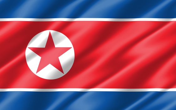 Silk wavy flag of North Korea graphic. Wavy North Korean flag 3D illustration. Rippled North Korea country flag is a symbol of freedom, patriotism and independence.