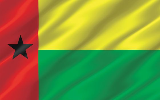 Silk wavy flag of Guinea-Bissau graphic. Wavy Guinean flag 3D illustration. Rippled Guinea-Bissau country flag is a symbol of freedom, patriotism and independence.