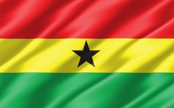 Silk wavy flag of Ghana graphic. Wavy Ghanaian flag 3D illustration. Rippled Ghana country flag is a symbol of freedom, patriotism and independence.