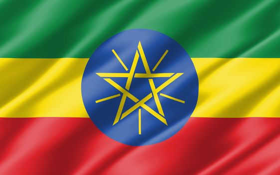 Silk wavy flag of Ethiopia graphic. Wavy Ethiopian flag 3D illustration. Rippled Ethiopia country flag is a symbol of freedom, patriotism and independence.