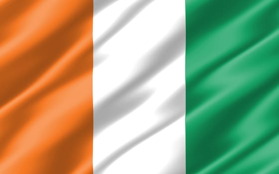 Silk wavy flag of Cote de Ivoire graphic. Wavy Ivorian flag 3D illustration. Rippled Cote de Ivoire country flag is a symbol of freedom, patriotism and independence.