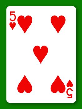 A 5 Five of Hearts playing card with clipping path to remove background and shadow