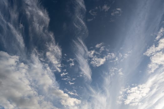 blue sky with mixed clouds wide angle upward shot at summer daytime.