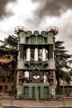 TERNI, ITALY MAY 08 2020:old steel press in front of the terni railway stationold steel press in front of the terni railway station