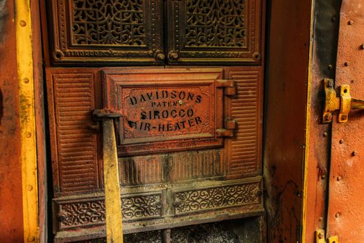 Kandy, Sri Lanka - April 12th, 2017: Detail of old Sirocco air heater oven door. This vintage oven (manufactured by Davidson & Co, Belfast, Ireland) is still used to dry tea in Kadugannawa Tea Factory