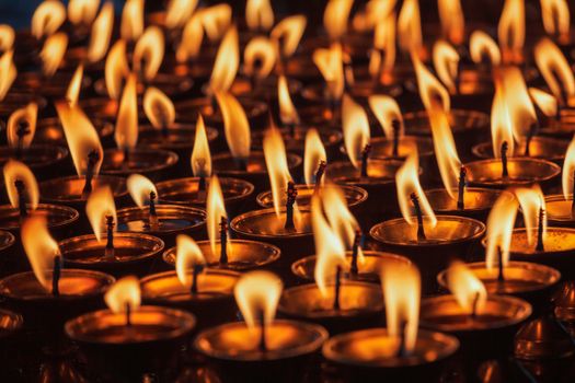Burning candles in Buddhist temple. Dharamsala, Himachal Pradesh
