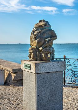 Berdyansk, Ukraine 07.23.2020. Monument to the toad on the embankment of Berdyansk, Ukraine, on a sunny summer morning