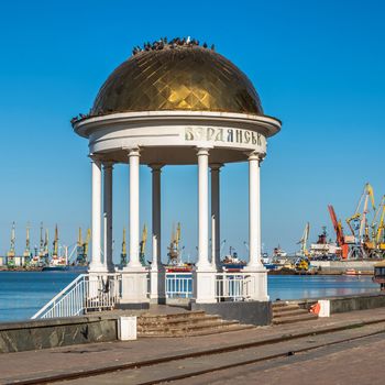 Berdyansk, Ukraine 07.23.2020. Alcove on the embankment of the Sea of Azov in Berdyansk, Ukraine, on a summer morning