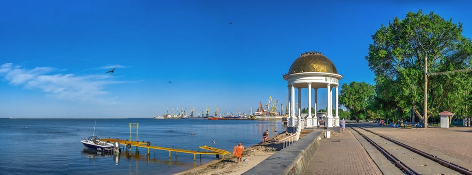 Berdyansk, Ukraine 07.23.2020. Alcove on the embankment of the Sea of Azov in Berdyansk, Ukraine, on a summer morning