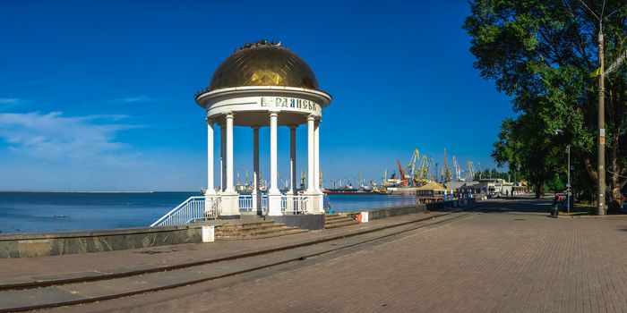 Berdyansk, Ukraine 07.23.2020. Alcove on the embankment of the Sea of Azov in Berdyansk, Ukraine, on a summer morning