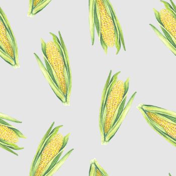 Seamless Pattern of corn cobs with leaves on grey background. Eco vegetables plants. Shop design, healthy lifestyle, packaging, textile. Hand drawn watercolour illustration. Botanical realistic art.