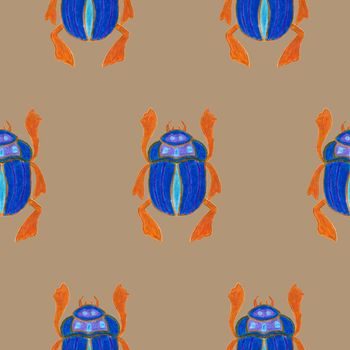 Blue scarab isolated on beige background. Seamless pattern with Bug insect, Beetles. Design for wrapping paper, cover, greeting card, wallpaper, fabric