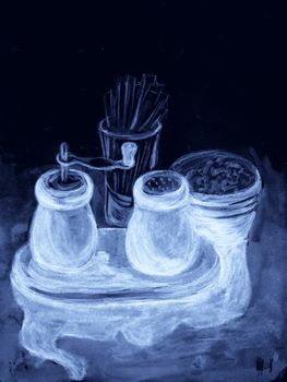 Salt and pepper shakers on table in cafe. Monochrome illustration. Hand-drawn sketch. Blue neon colours.