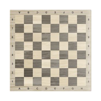 Wooden chessboard on white background, top view