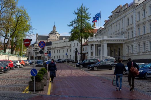 April 26, 2018 Vilnius, Lithuania. Passers-by on one of the streets in the center of Vilnius.