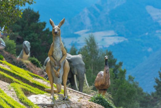 Juberri Sant Julia de Loria, Andorra: August 27 2020: Sculptures in Jardins de Juberri in summer 2020 in the Pyrenees of Andorra.